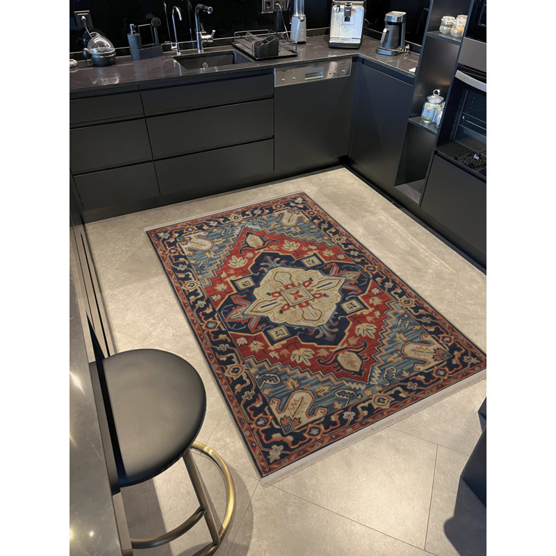 Tapis décoratif rétro à motif bleu et rouge, Tapis de couloir 3 pi 3,37 po x 9 pi 10,11 po