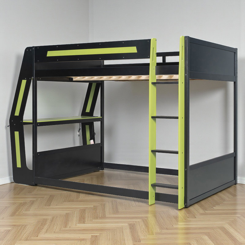 Full Size Gaming Bunk Bed, Side-Mounted RGB Desk with USB Ports, Floor Bunk Design, Esports-Inspired, Teen Bedroom, Green