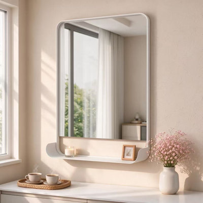 Minimalist Rounded-Corner Bathroom Mirror with Shelf — Wall-Mounted Vanity Mirror