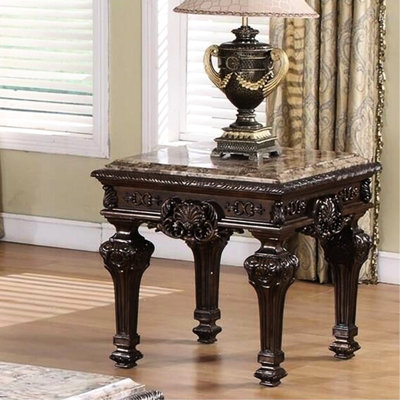 Table d'appoint en bois massif, plateau en marbre, brun cerisier, configuration carrée à bout brun, noir lisse et marbre, style antique classique