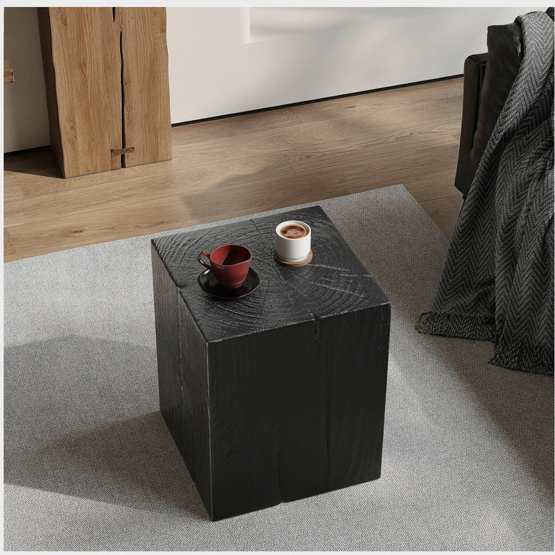 Wood-Look Square-Column MGO End Table, H18",Wood-Like Distressed Finish, Mix with Different Heights, Indoor Outdoor Use,Black Color
