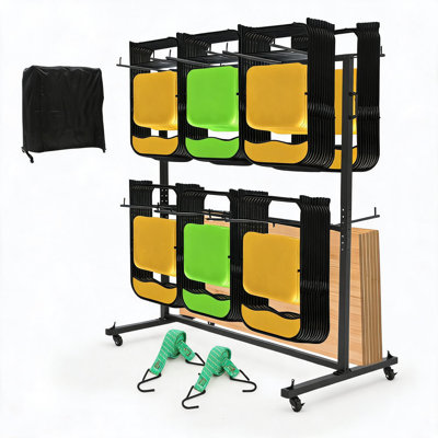Chariot robuste pour chaises et tables pliantes, housse résistante aux intempéries et cordes de fixation. Peut contenir 84 chaises ou 42 chaises et 12 tables. Capacité de charge : 363 kg (800 lb). Solution de rangement pour chaises pliantes (capacité : 84 chaises).