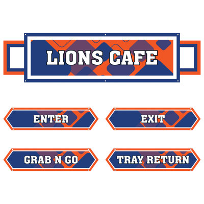 AmTab - Serving-Décor-S03-C-EC - Serving Area Signage (5 pieces) - Style 3 - Lions
Café Sign: 24"W x 72"L
Enter Sign:  8.5"W x 36"L
Exit Sign:  8.5"W x 36"L
Grab N Go Sign:  8.5"W x 36"L
Tray Return Sign:  8.5"W x 36"L