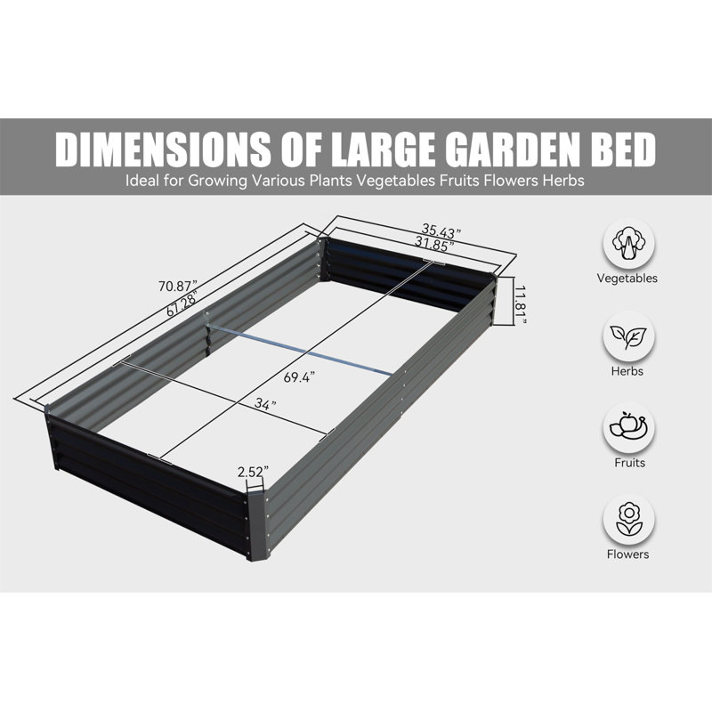 Lit de jardin surélevé galvanisé 6X3x1ft, Gris, H 11,81 po x l 70,87 po x P 35,43 po