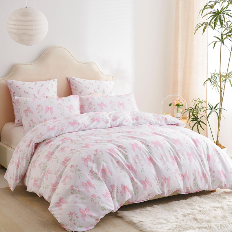Ensemble de housse de couette Bow Bedding Ensemble de housse de couette à motif floral rose