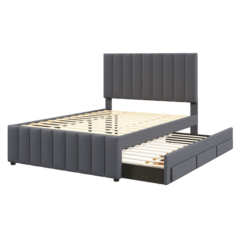 Lit plateforme tapissier avec couchette simple et 3 tiroirs Christiano, Gris