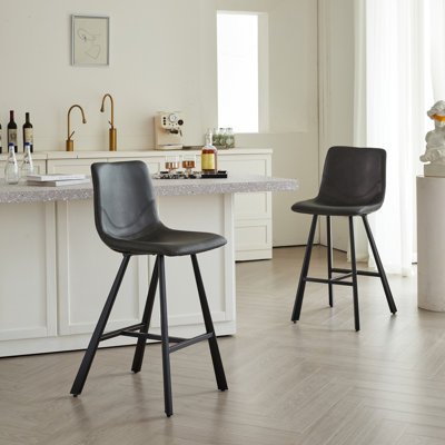 Tabouret de bar moderne en similicuir noir avec dossier et repose-pieds ergonomiques - Structure robuste en métal à hauteur de comptoir pour îlot de cuisine, pub et restaurant