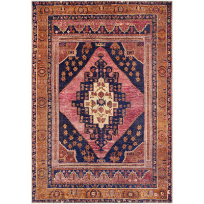 Tapis oriental bleu foncé / rose lavable à la machine Westlake