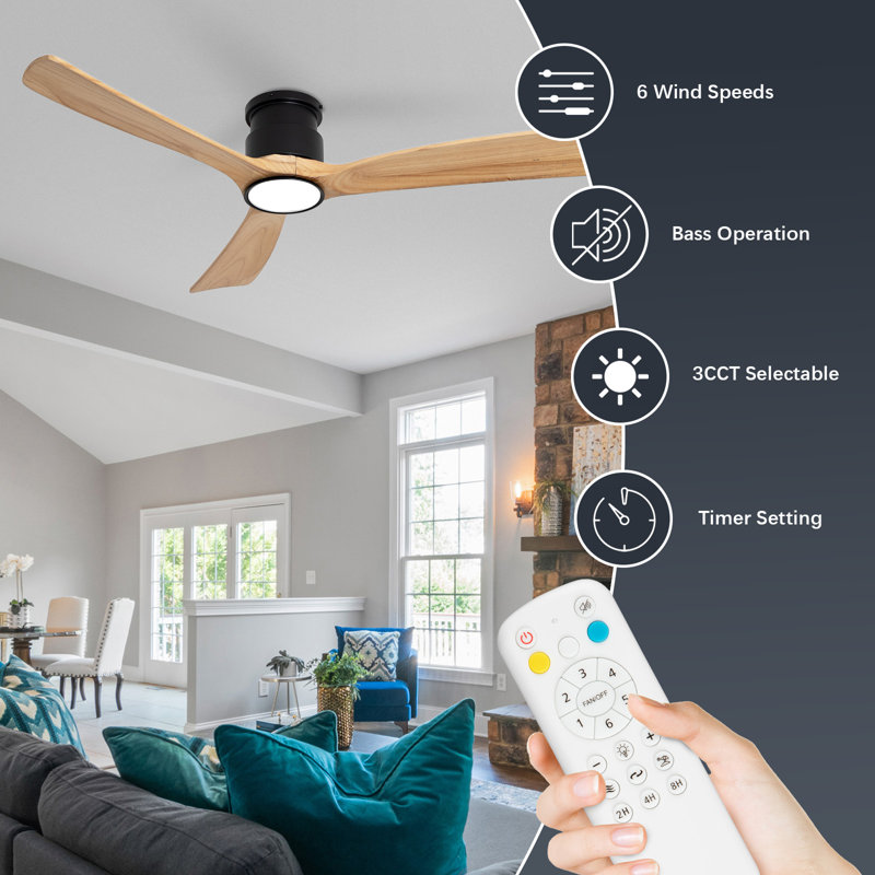52'' Natural Log Recessed Mount Ceiling Fan Light With Lighting And Remote Control, Log Colour Wooden Fan Blade, Silent Reversible Dc Motor, Light Memory, 6 Speed, Suitable For Bedroom/living Room Etc.