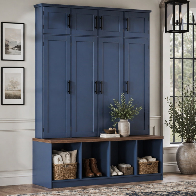 Arbre d'entrée de ferme avec 4 crochets, 8 portes et armoire à chaussures avec compartiment ouvert, Bleu