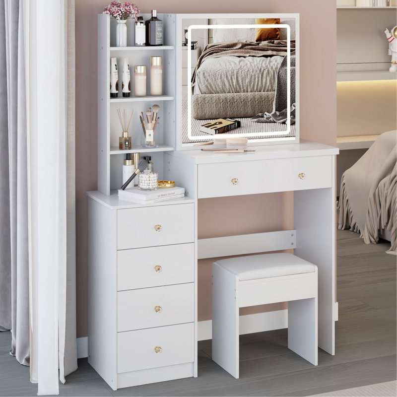 Meuble-lavabo de 37 po avec tabouret de taille moyenne 37 po + tabouret rembourré, grande commande tactile, interrupteur tricolore, miroir à luminosité réglable, rangement grande capacité, convient aux espaces moyens