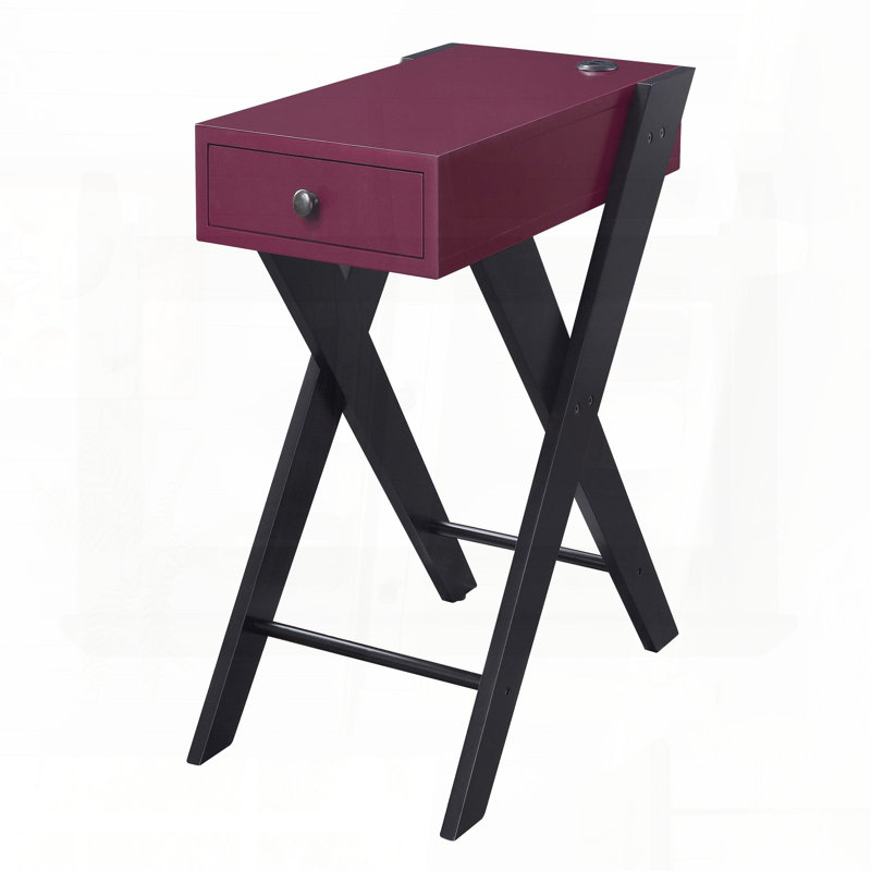 Table d'appoint bourgogne et noire avec ports USB et pieds en X en bois, Rouge