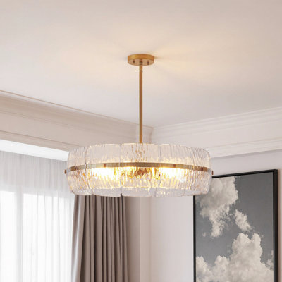 Luminaire suspendu lustre 27 lumières dorées 27 '' avec abat-jour en verre texturé