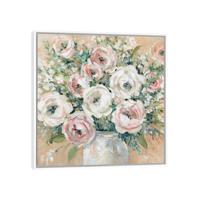 Reproduction d’art joli rose par Carol Robinson, H 26 po x l 26 po x P 1,5 po, Toile blanche encadrée, Pas de tapis