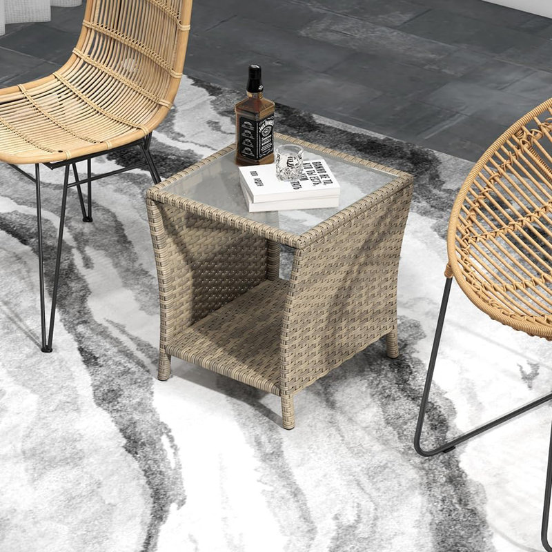 Tables d'appoint d'extérieur en rotin d'osier, table de bout pour patio avec rangement en rotin, Gris, Clair