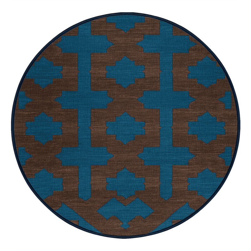 Tapis bleu en treillis lavable à la machine, Rond 3 pi