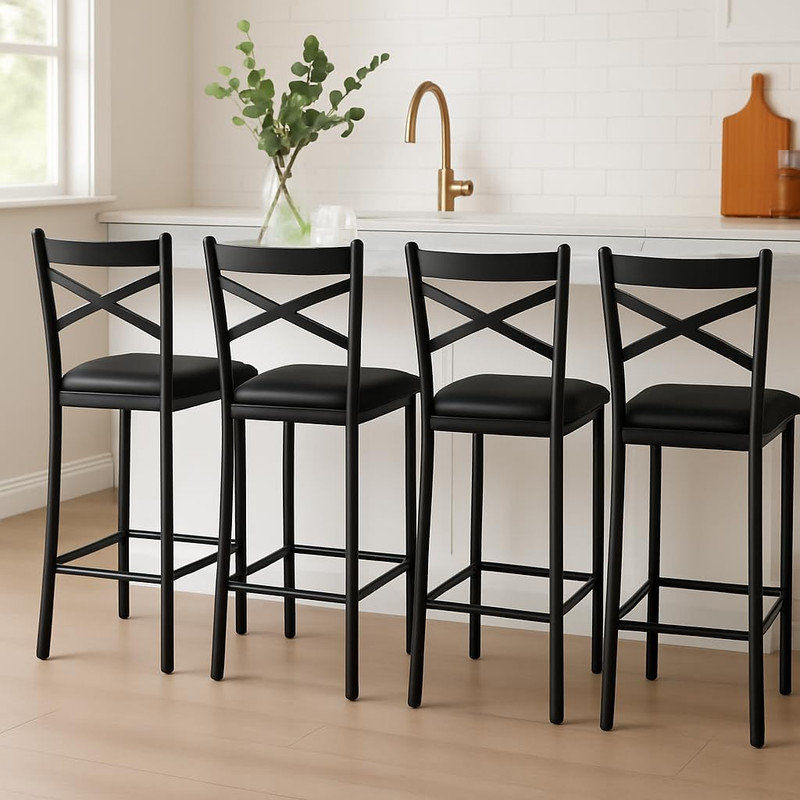 Bar Stools Set of 4, Upholstered Bar Chairs with Back, Thick Cushion, Counter Height Barstools for Kitchen Island Apartment Counter Bar,Black