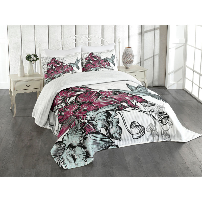 Queen White Floral Polyester Bedspread Set with Shams