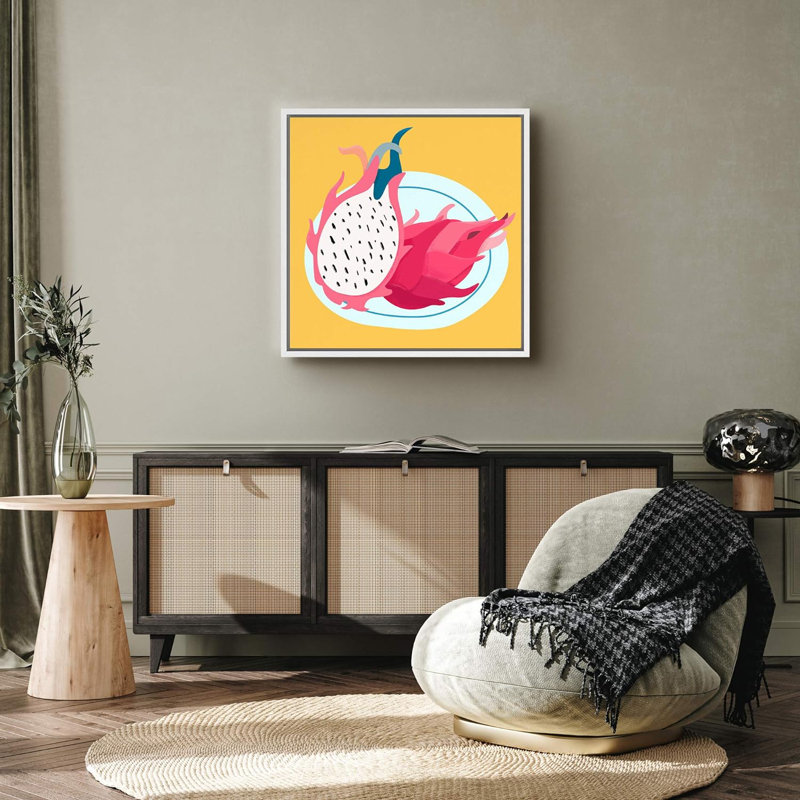 «Vibrant Tropical Pink Dragon Fruit Fruit Dessert», art moderne et chic sur fond multicolore, impression sur toile, Blanc