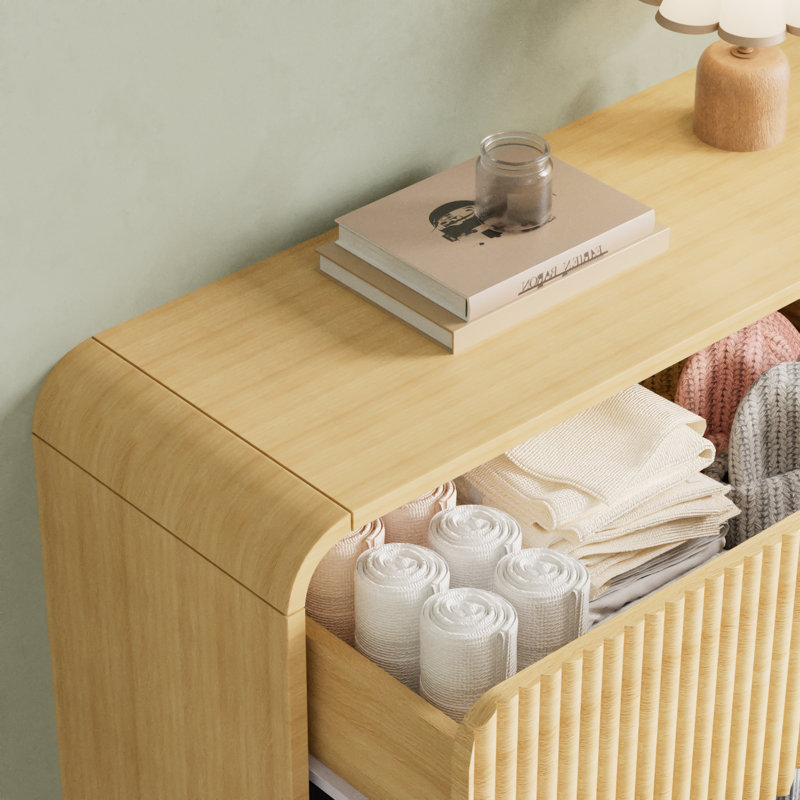 Commode à 6 tiroirs cannelée, grande commode pour chambre à coucher, Bois naturel