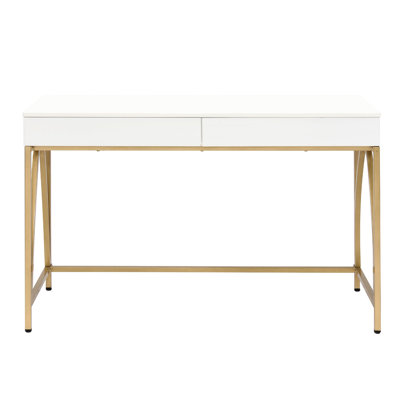 Bureau blanc laqué lustré à 2 tiroirs avec piètement en métal doré pour un espace de travail agréable.