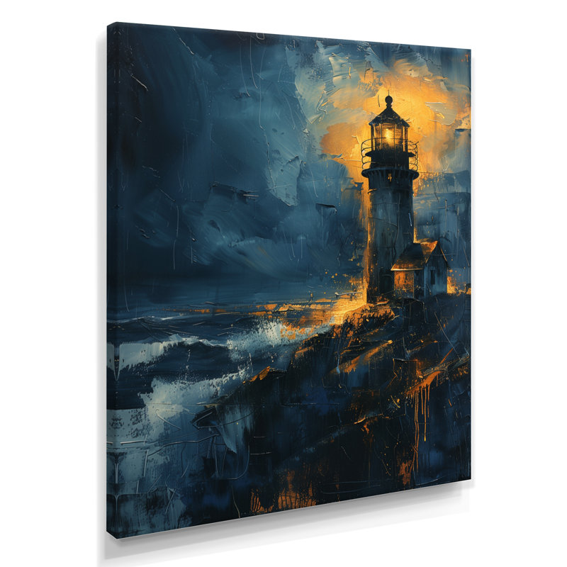 Décoration murale phare noir et bleu clair d'hiver, H 34 po x l 44 po, Toile tendue