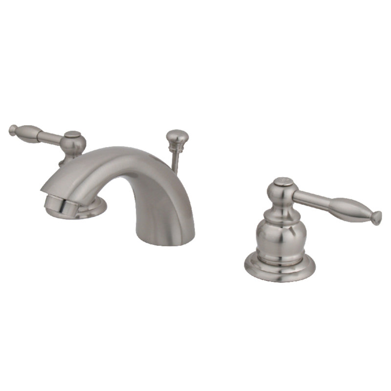 Kingston Brass Knight Two-Handle 3-Hole Deck Mount Mini-Widespread Bathroom Faucet with Plastic Pop-Up, Brushed Nickel