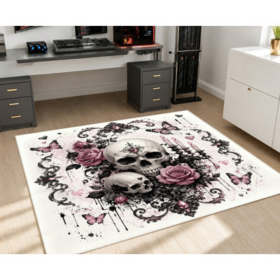 Tapis papillon gothique avec tête de mort rose et rose foncé et crâne avec motif décoratif papillon