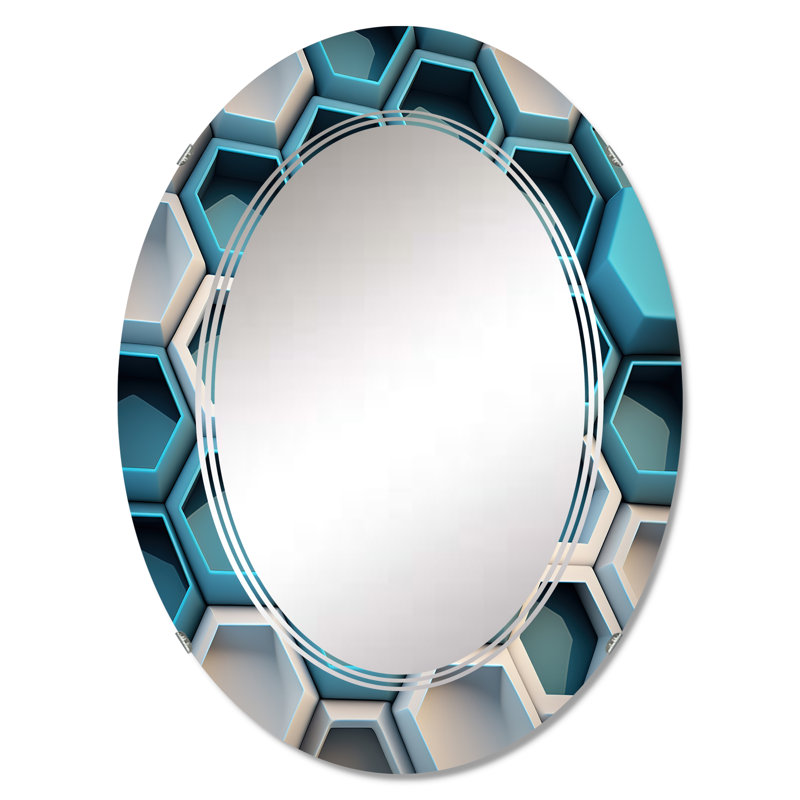 Phenice - Abstrait géométrique blanc et bleu - Miroir mural géométrique moderne, 30 po x 20 po