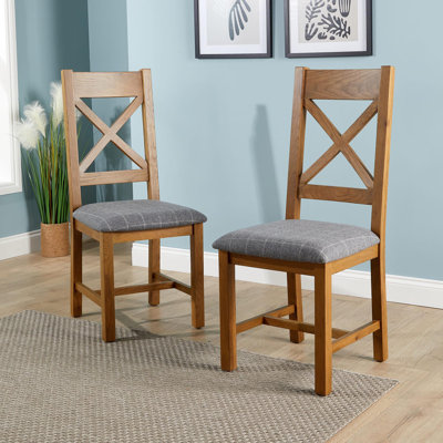 Pair of Assembled High Cross Backed Dining Chairs Checked Seat Solid Oak Legs