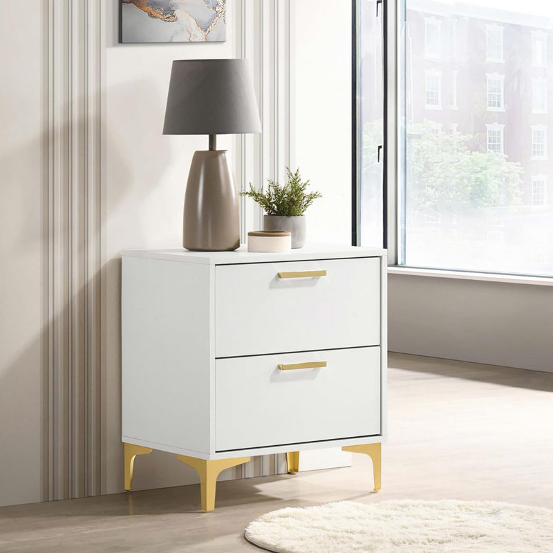 White And Gold 2-Drawer Rectangular Nightstand, White