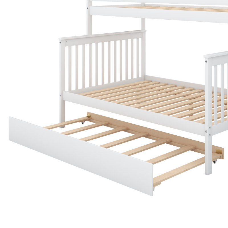 Lit simple superposé au dessus d'un lit double avec gigogne et escalier, blanc