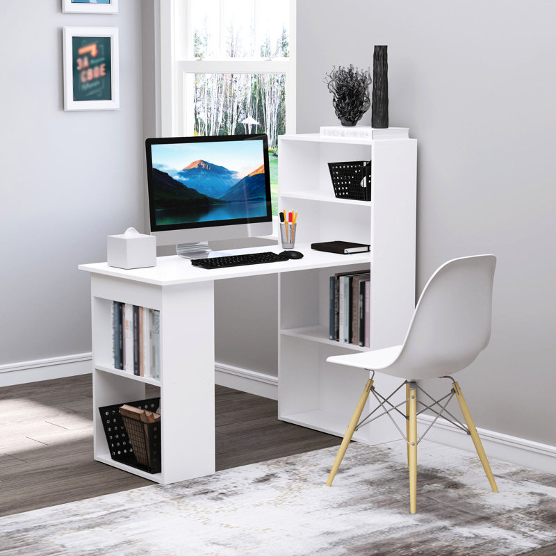 Bureau de 47 po avec 6 tablettes, bibliothèque blanche pour bureau à domicile, idéal pour les espaces compacts, tablettes de rangement robustes de 47 po, petits espaces de travail, fabrication robuste