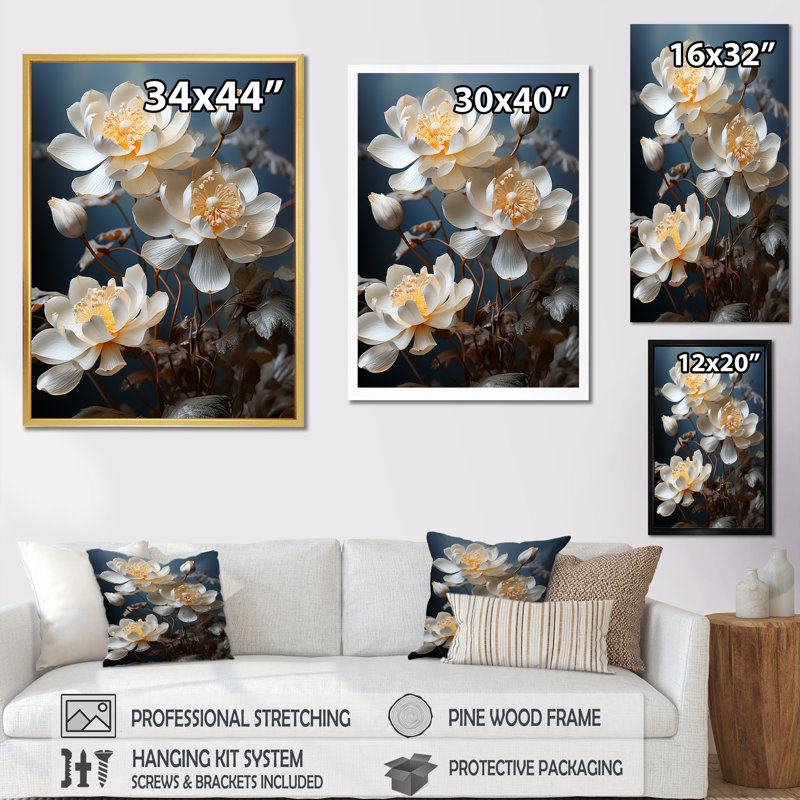 «Lotus Bliss Unveilé I» sur toile, Cadre flottant doré, H 32 po x l 24 po x P 1 po