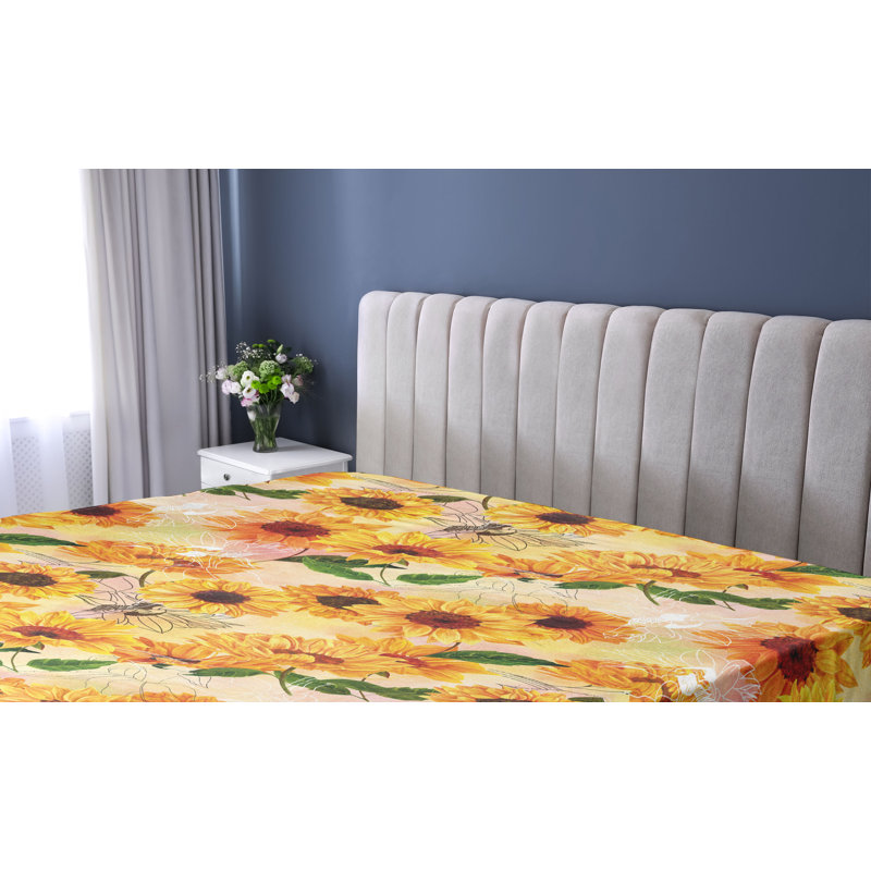Drap-housse Ambesonne, Drap-housse très grand californien, Jaune souci et paprika / motif floral blanc