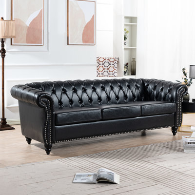 Three Seater In Black Pu, 84.13" Size, With Cushions Pu Couch, Rolled Arm Feature, Staggered Pull Buckles Arrangement, Soft Leather Covering, Solid Wood + Plywood Structure