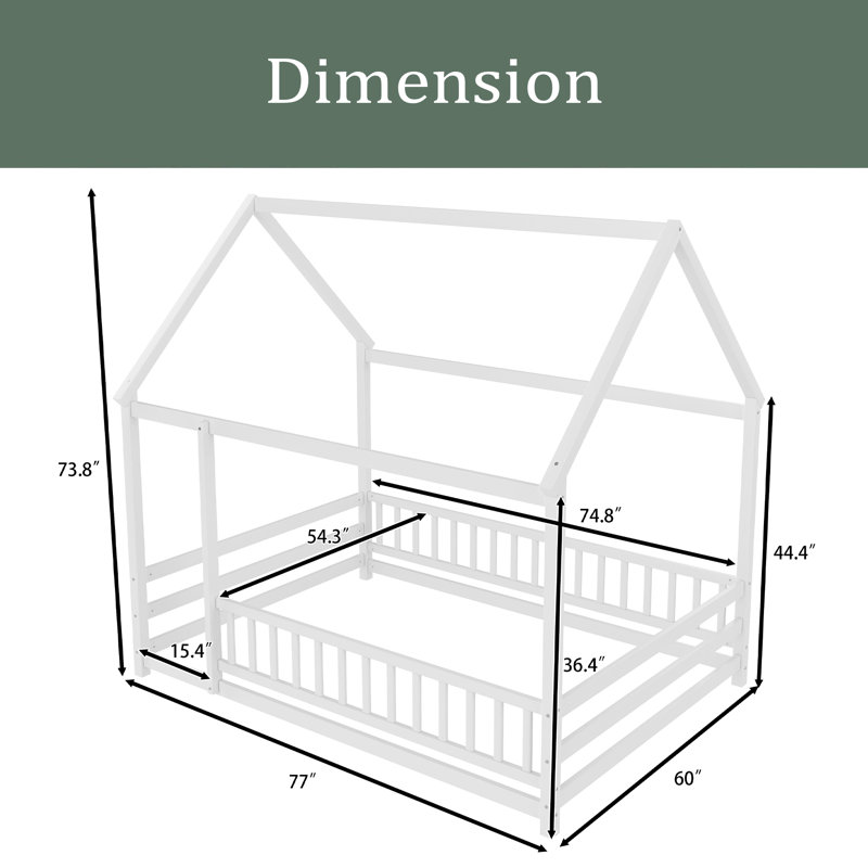 Floor Wooden Bed With House Roof Frame, Fence Guardrails, Full, White