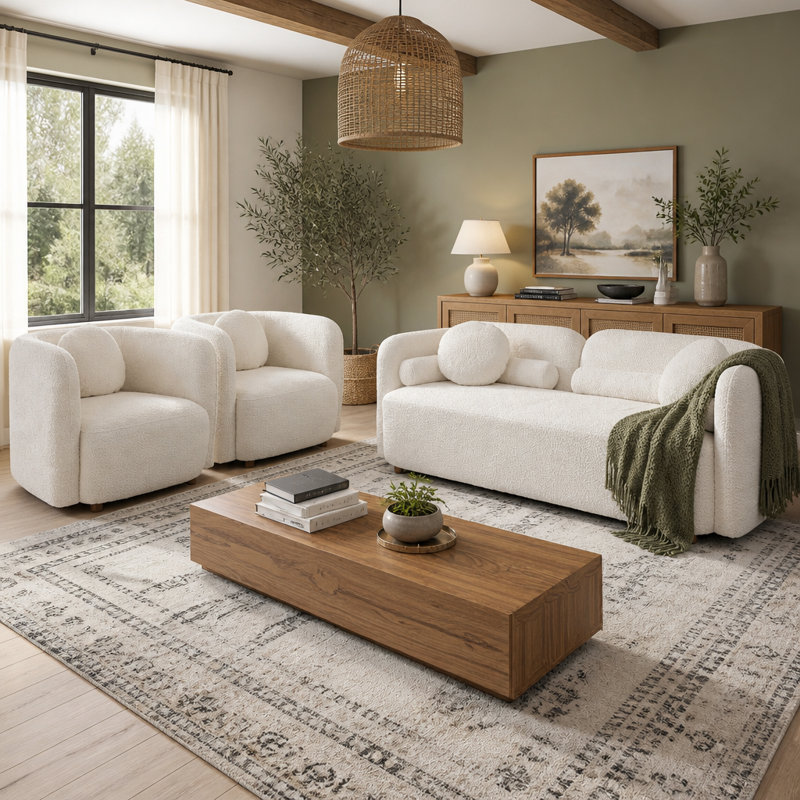 Ensemble de salon 3 pièces avec causeuse Boucle beige clair et 2 chaises d'appoint, L 88,58 po, Tissu blanc