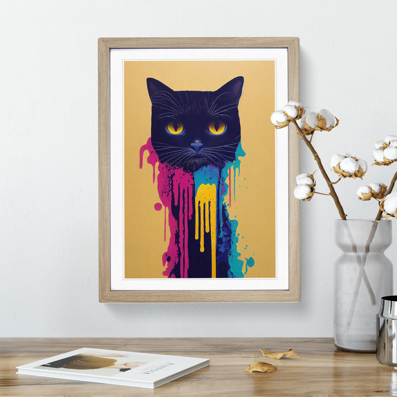 Cat Drips No.3 - Framed Print, 46cm H x 34cm W x 2cm D, Oak