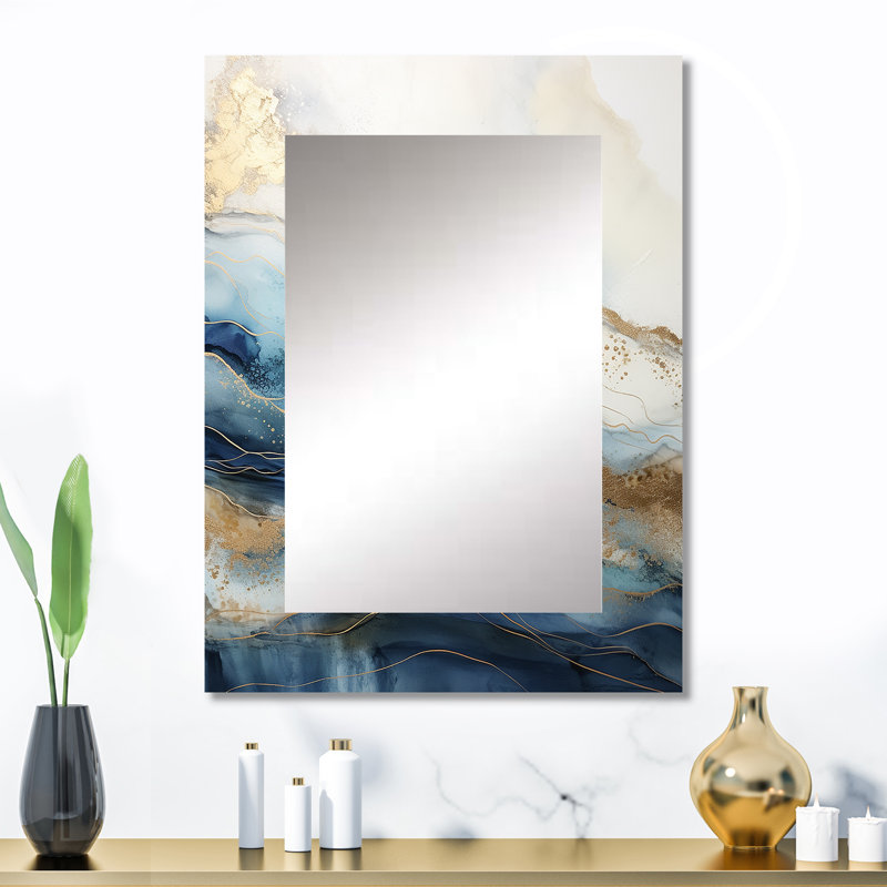 White And Blue Goldern Abstract River - Northern Lights Wall Mirror, Traditional Decorative Mirror, Printed Metal Art