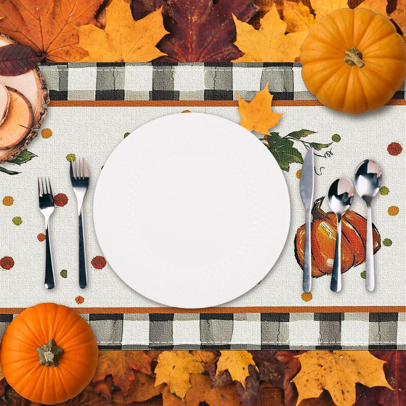 Pumpkin Bow Buffalo Plaid Thanksgiving Table Runner for Autumn Kitchen Dining Table Decor
