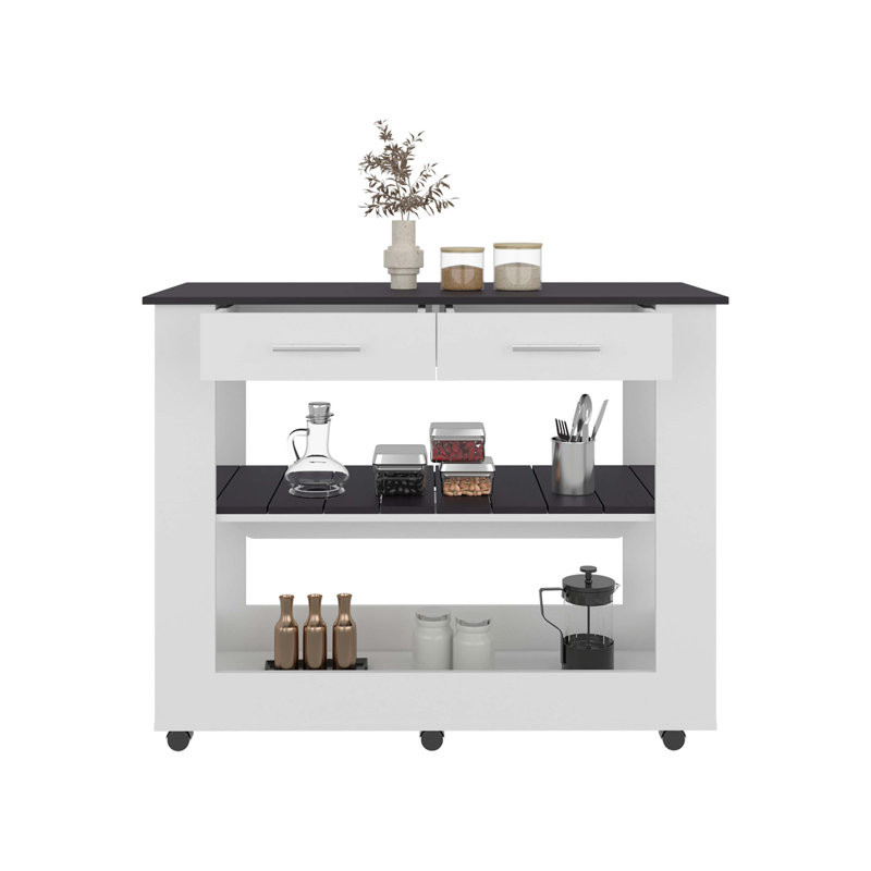 Compact Kitchen Island With Two Drawers, Open Counter Top And Two Below Open Storage Shelves