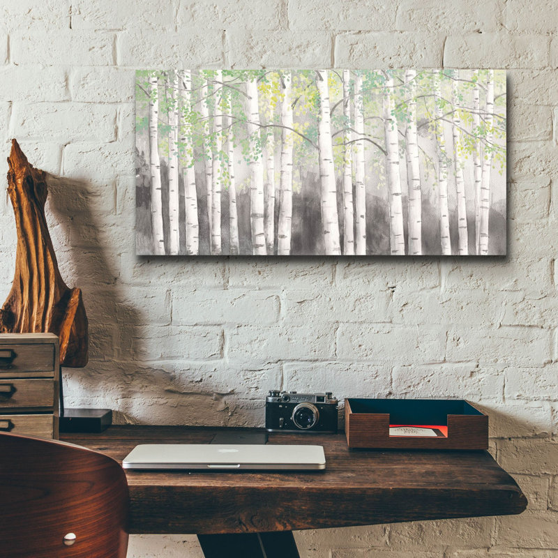 Art mural en verre acrylique épique «Soft Birches Charcoal» par James Wiens, 24 po x 12 po