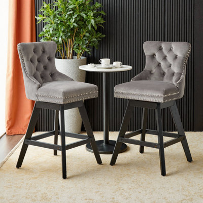 Swivel Velvet Barstools with Button Tufted Design, Wood Legs & Chrome Trim, Set of 2, Beige