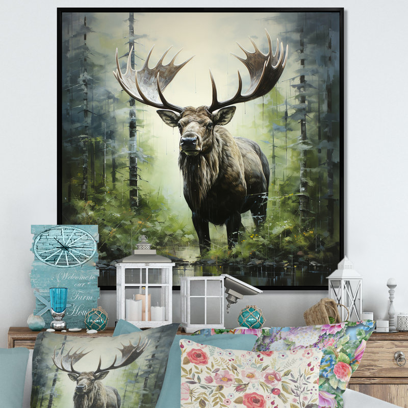 Mystic Moose In Forest III - Moose, art mural, H 36 po x l 36 po x P 1,5 po, Cadre flottant noir