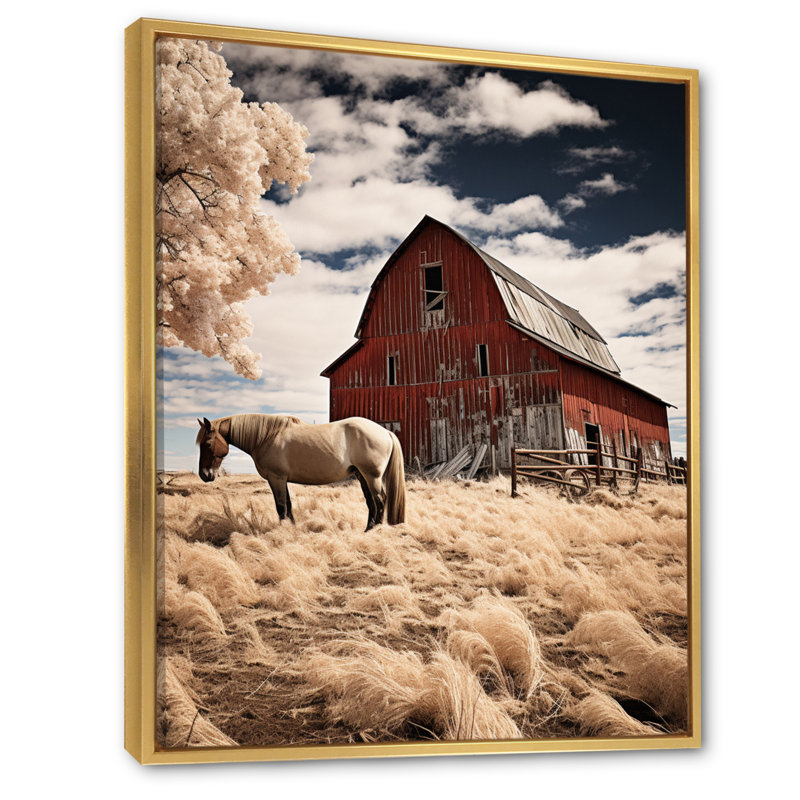 «Horse Barnyard Harmony», reproduction d'art sur toile, H 44 po x l 34 po x P 1,5 po, Toile avec cadre flottant or