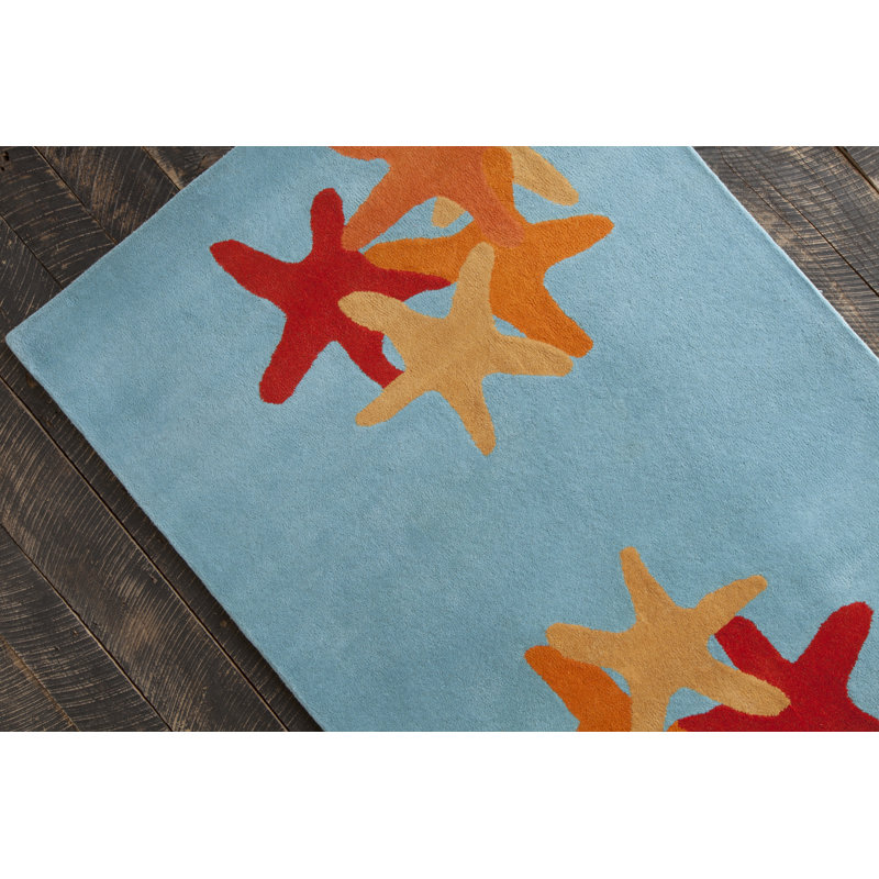 Tapis étoile de mer en laine touffeté à la main bleu, rouge, or et orange Ailey Authentic