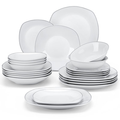 24-Piece Gourmet Porcelain Dinnerware Set for 6, Modern Stackable Plates and Bowls Set, Durable Microwave and Dishwasher Safe