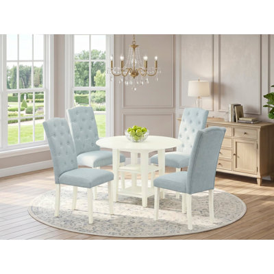 L'ensemble de mobilier de salle à manger 5 pièces comprend une table ronde avec Dropleaf et des tablettes et 4 chaises Parson en tissu bleu bébé, lin blanc