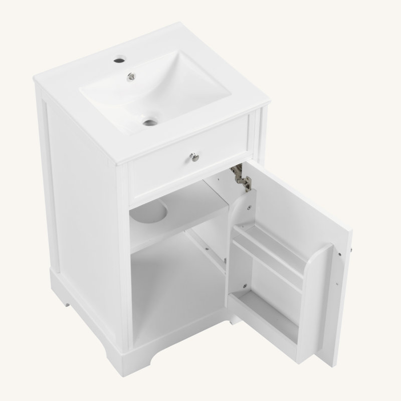 Meuble-lavabo de 20 po avec lavabo, armoire de salle de bain avec porte à fermeture douce, support de rangement et tablette réglable, blanc